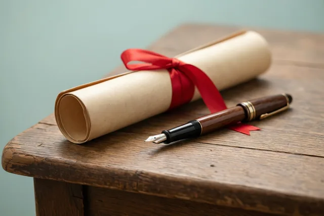 Een opgerold diploma met een rood lint en een vulpen liggen op een rustiek houten bureau in warme bruine, crèmekleurige en rode tinten.