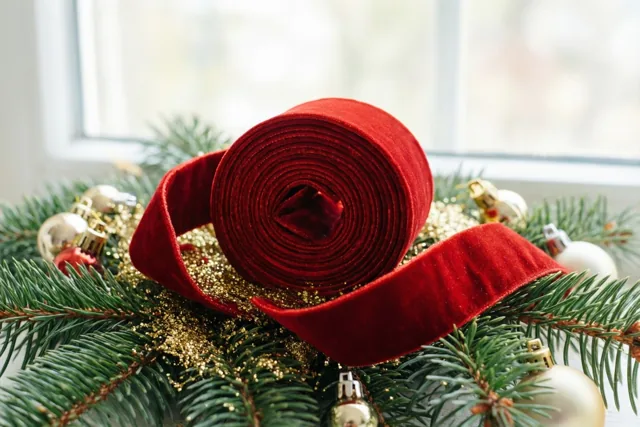 Een rood fluwelen lint krult over gouden glitter tussen groene dennennaalden en kleine kerstballen, voor een helder raam.