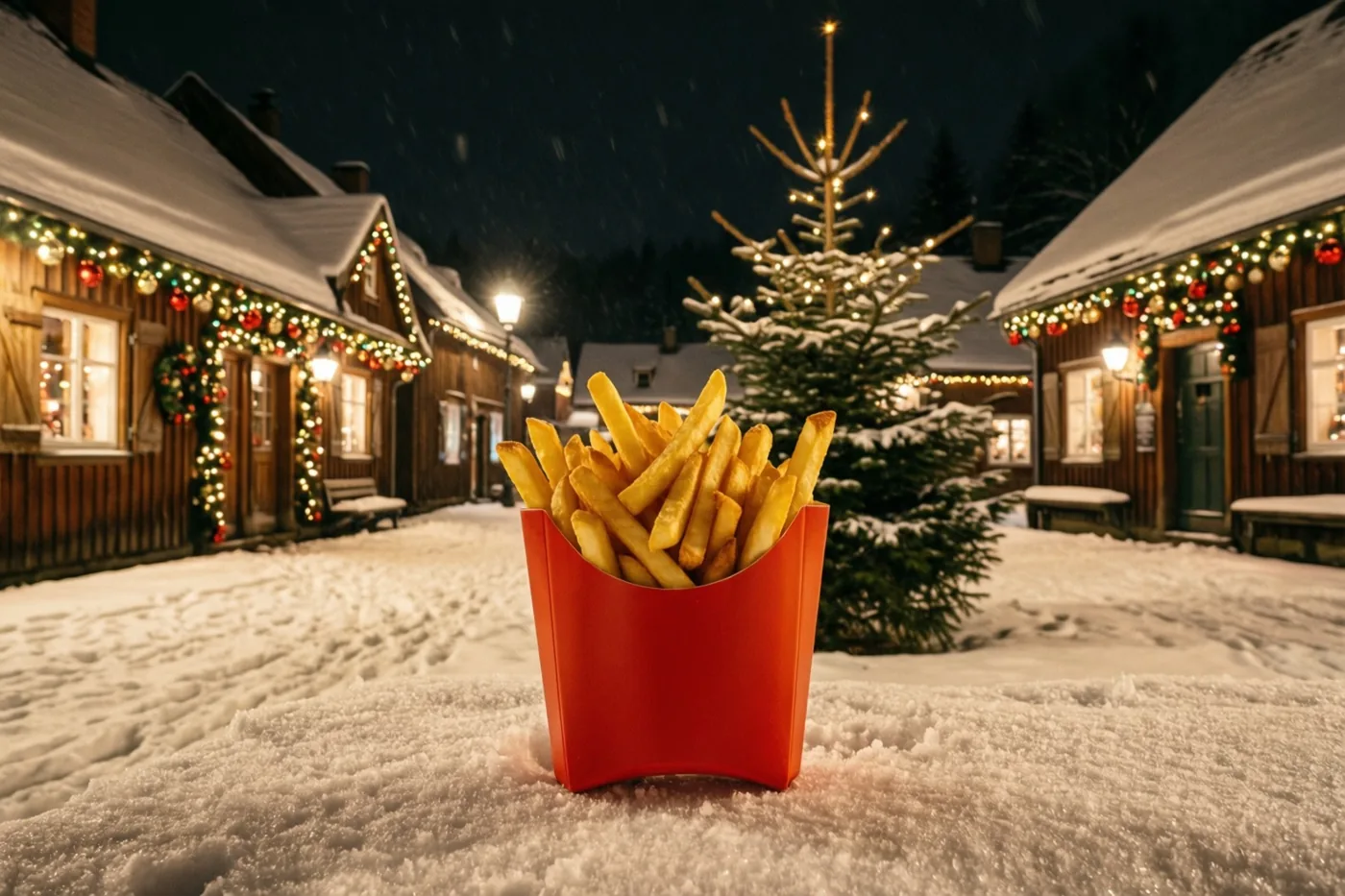 Een rood bakje goudgele frieten staat in de sneeuw op een dorpsplein met houten huizen, kerstverlichting en een kleine den bij nacht.