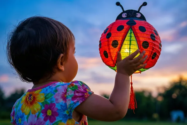 Een donkerharige peuter is van achteren te zien met een brandende rode papieren lieveheersbeestjeslantaarn onder een avondlucht in blauw, oranje en roze.