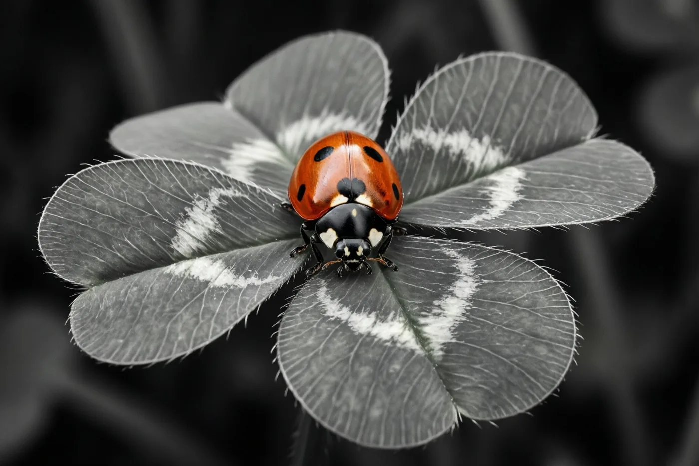 Een rood lieveheersbeestje met zwarte stippen zit op een klavertjevier in grijstinten, tegen een donkere wazige achtergrond.