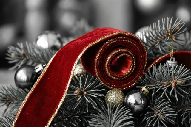 Een rood fluwelen lint krult over gouden glitter tussen donkere dennennaalden en kleine kerstballen, tegen een monochrome achtergrond.