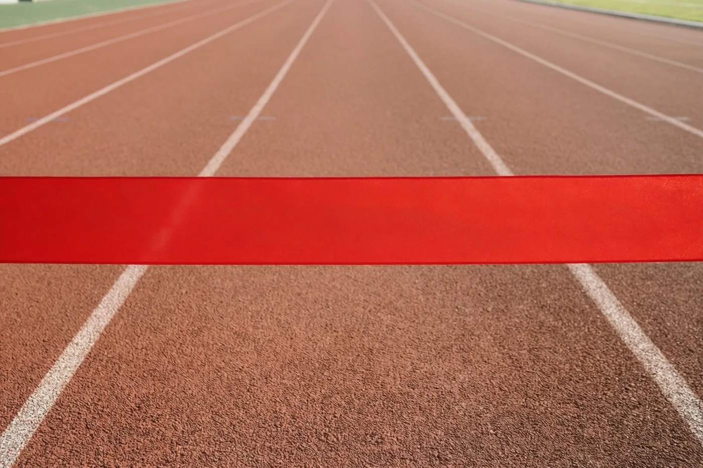 Een rood finishlint hangt over een bruine atletiekbaan met witte lijnen die vanuit een laag standpunt in de verte samenkomen.