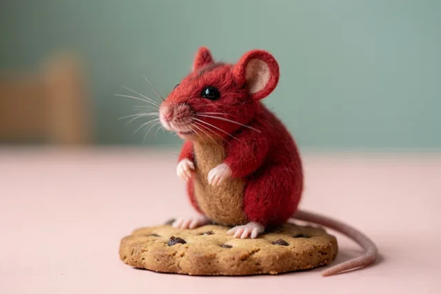 Een klein rood vilten muisje zit rechtop op een koekje met chocoladestukjes, tegen een zachtroze en groene achtergrond.