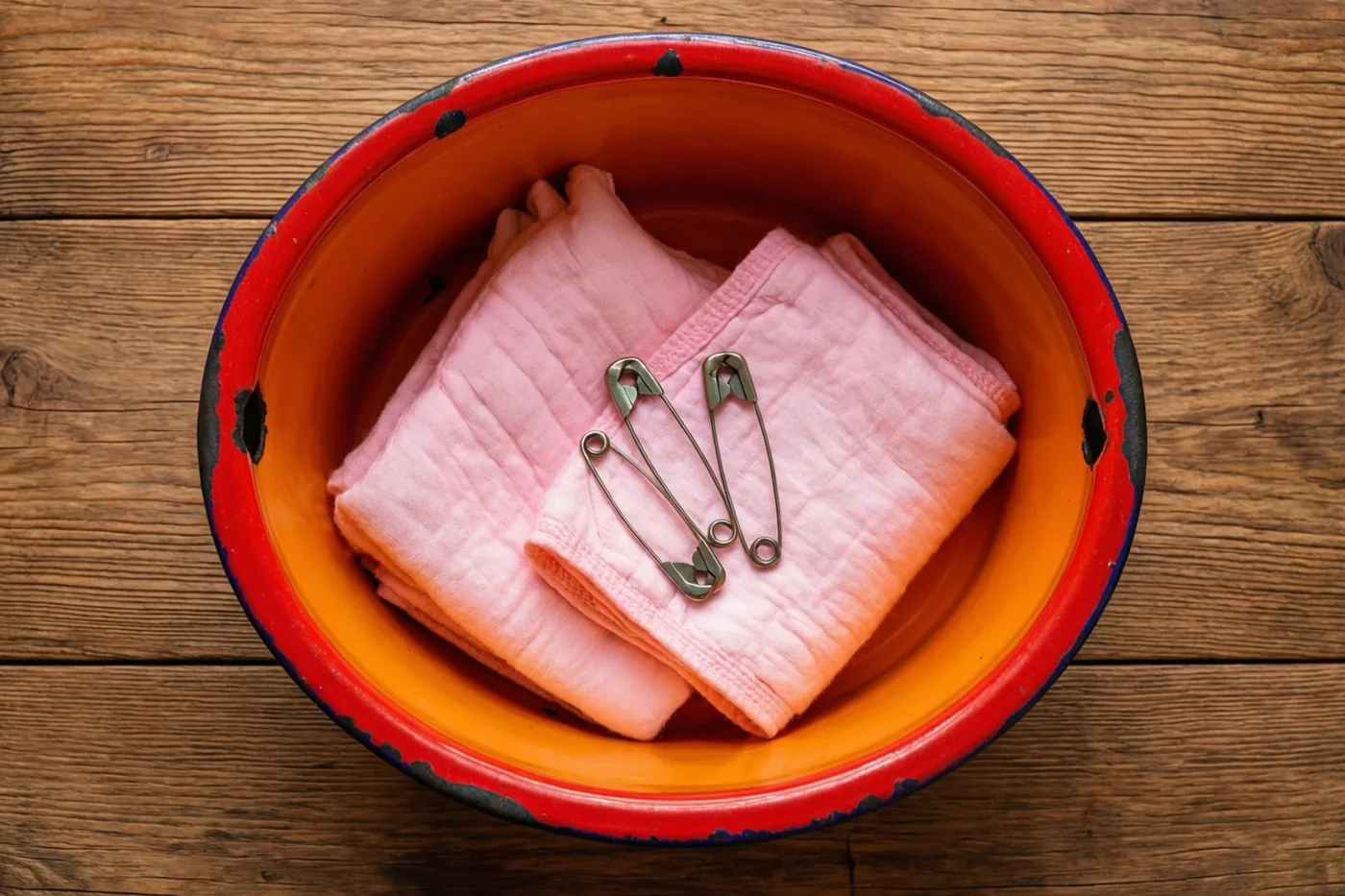 Een rood-oranje geëmailleerd babybadje met opgevouwen roze katoenen luiers en drie grote veiligheidsspelden staat op een houten tafel in zacht licht.