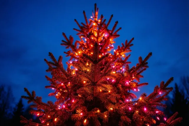 Een dennenboom met gloeiende rode en oranje lichtjes staat tegen een diepblauwe schemerlucht.