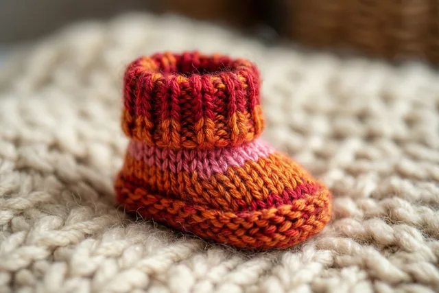 Een klein gebreid babyslofje in rood, oranje en roze ligt op een grofgebreide crèmekleurige wollen deken, van dichtbij gefotografeerd.