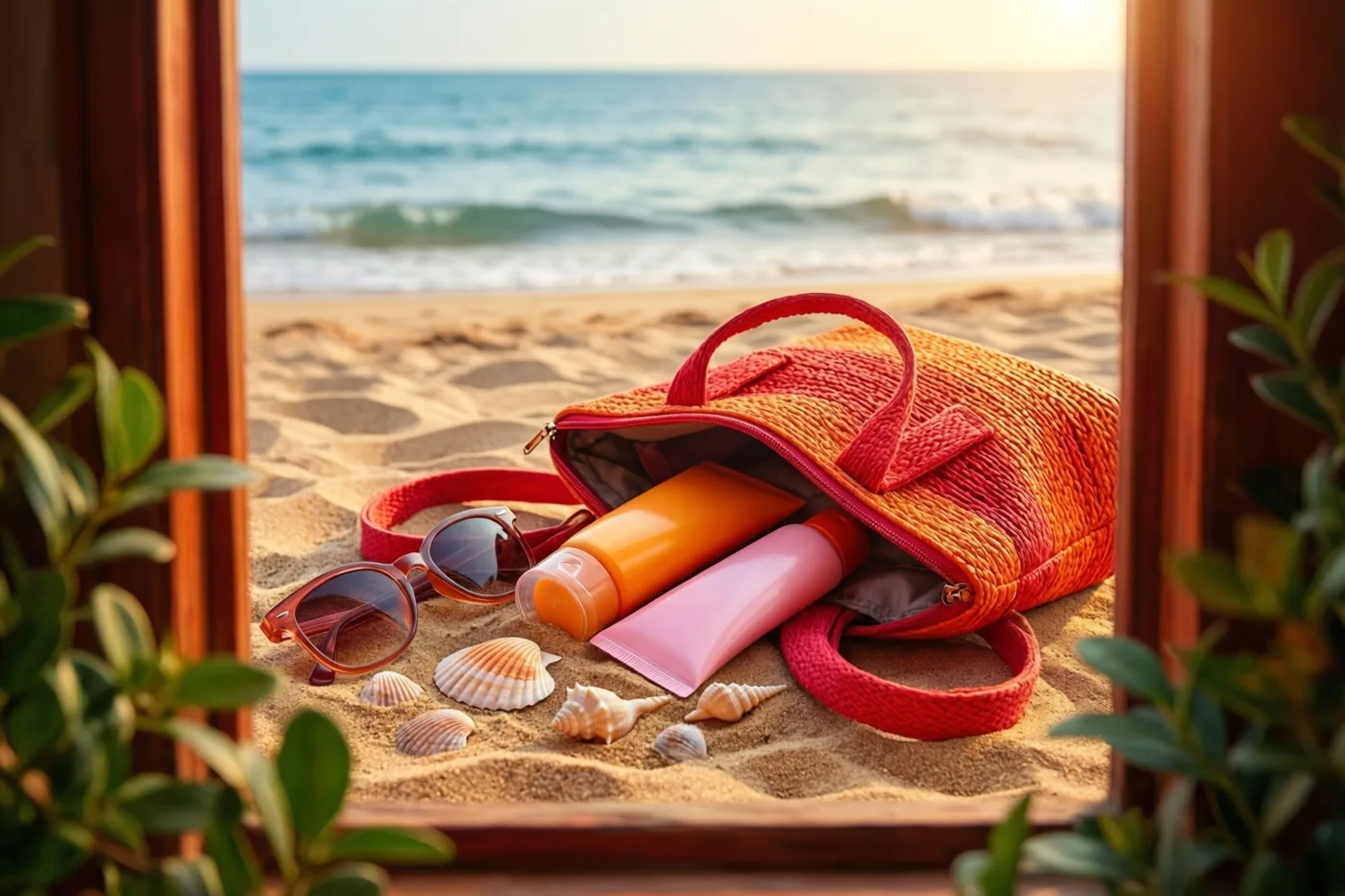 Door een houten raamkader met groen aan weerszijden is een open rood-oranje geweven strandtas met zonnecrème, een zonnebril en schelpen te zien op het zand bij een rustige zee tijdens zonsondergang.