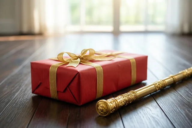 Een rood ingepakt cadeau met een gouden lint staat naast een sierlijke gouden staf op een donkere houten vloer, met zacht daglicht vanuit een raam op de achtergrond.