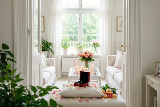 In een woonkamer met witte meubels en groene planten staat een open rood ringdoosje op een kussen tussen kaarsen en rozenblaadjes, met daglicht door het raam.