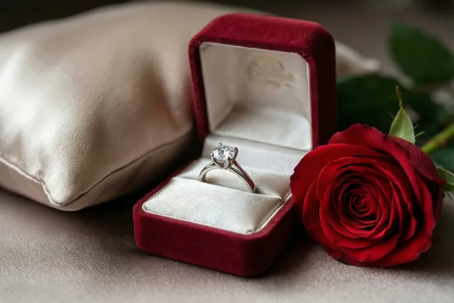 Een open rood fluwelen ringdoosje met een ring met één diamant staat op een beige zijden kussen naast één felrode roos.