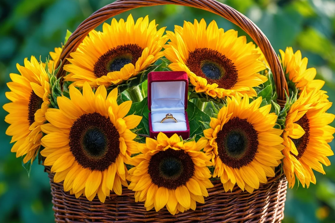 Een open roodfluwelen ringdoosje ligt tussen zonnebloemen in een rieten mand, buiten tegen een onscherpe groene achtergrond.