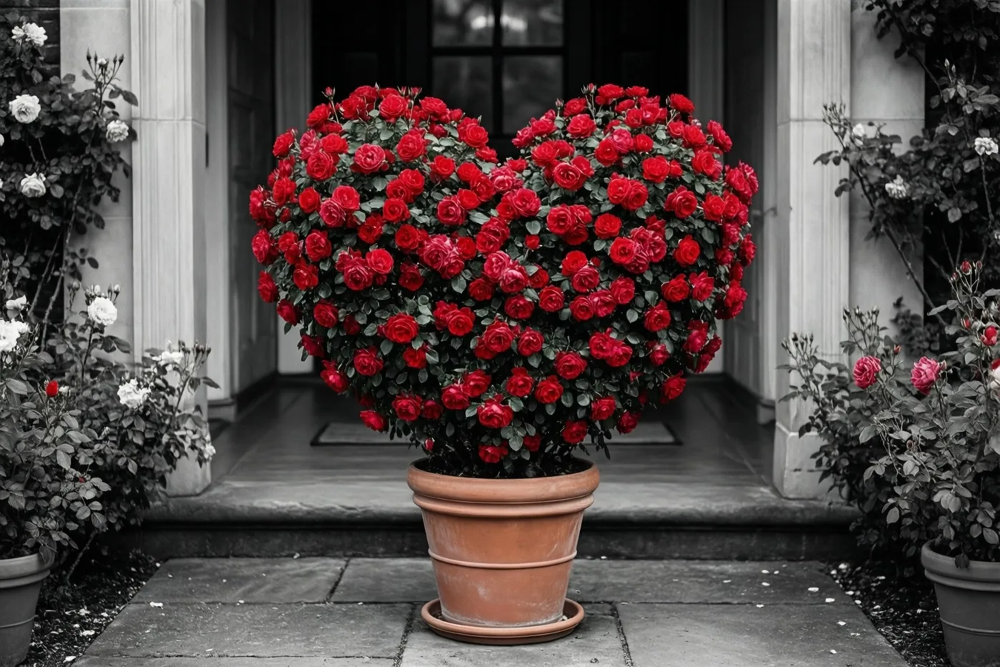 Een hartvormige plant van rode rozen staat in een terracotta pot op een stenen drempel, met de huisingang en het groen errond in zwart-wit.