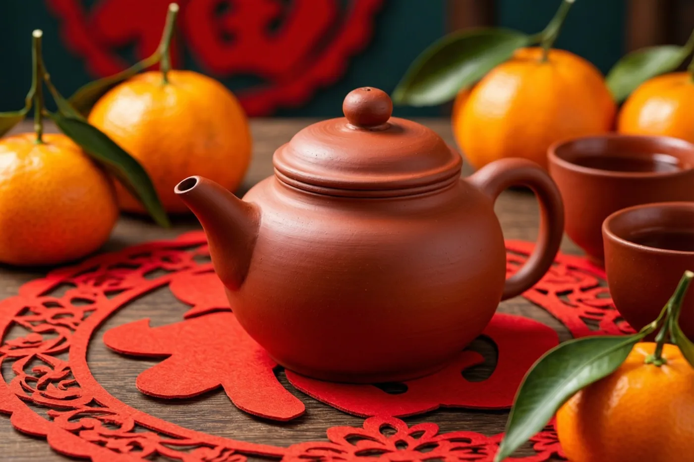 Een rode aardewerken theepot met bijpassende kopjes staat op een houten tafel met rode papieren knipsels en verse mandarijnen, in warm licht.