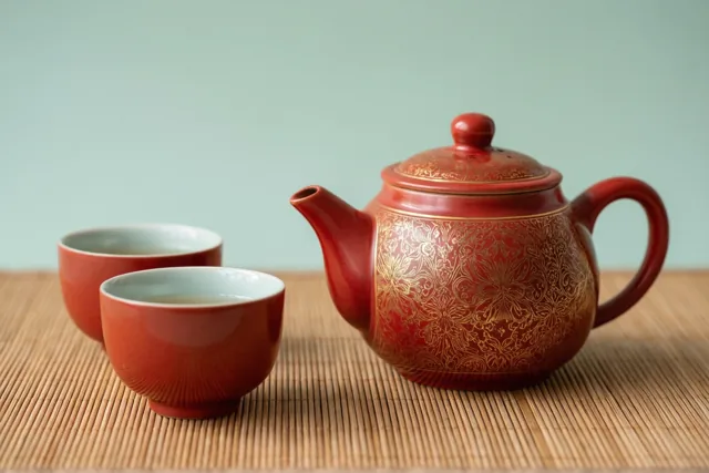 Een rode porseleinen theepot met gouden bloempatronen en twee bijpassende rode kopjes staan op een bamboemat tegen een zachte blauwgroene achtergrond.