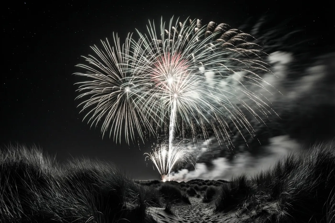 Vuurwerk barst open boven zandduinen in een donkere lucht, in zwart-wit met een rood kleuraccent midden in het vuurwerk.