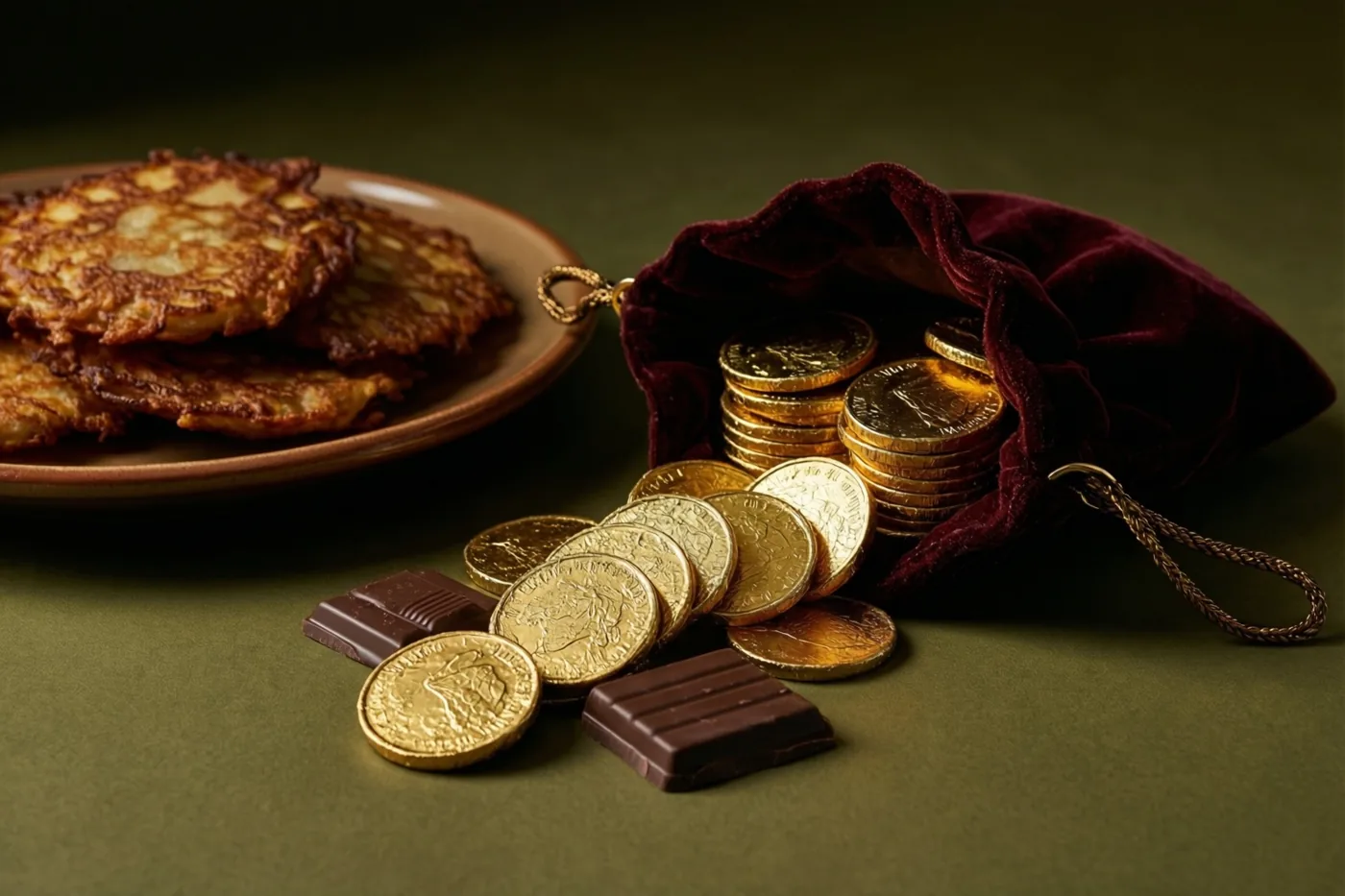 Uit een rood fluwelen zakje vallen chocolademunten in goudfolie naast een bord latkes op een donkergroen oppervlak.