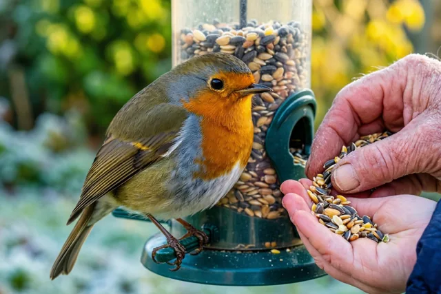 Een roodborstje zit op een groene voederhouder terwijl de handen van een oudere persoon zaden vlakbij houden, in een tuin met rijp en onscherp groen en geel op de achtergrond.