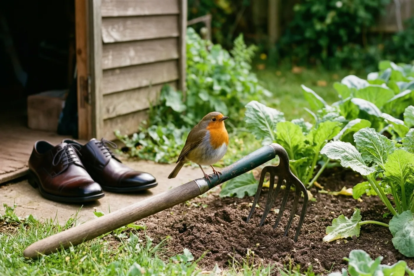 Een roodborstje zit op een spitvork in een groentebed, met gepoetste bruine schoenen naast een houten schuurtje tussen het groen.