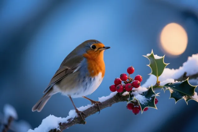 Een roodborstje zit op een besneeuwde tak naast rode hulstbessen en stekelige groene bladeren, tegen een zachtblauwe achtergrond met een wazige warme lichtcirkel.