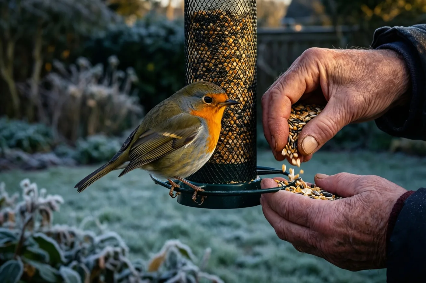 Een roodborstje zit op een cilindervormige voederhouder die door een grotere en een kleinere hand met zaden wordt gevuld, in een tuin met rijp op de grond en de planten.