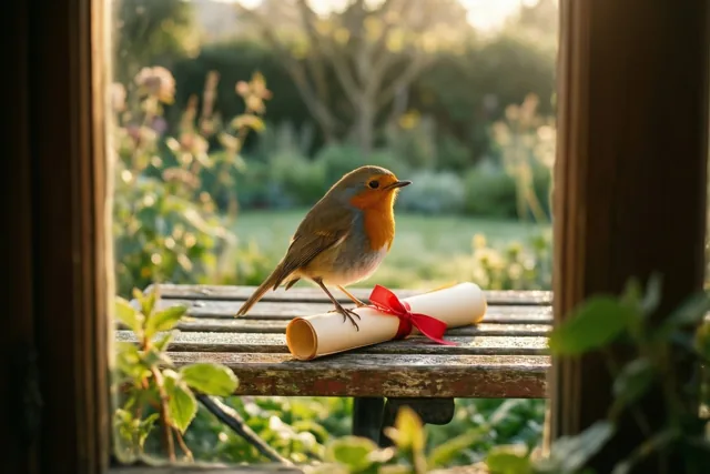 Een roodborstje zit op een opgerold diploma met rood lint op een verweerde tuinbank, met warm ochtendlicht en een wazige tuin op de achtergrond.