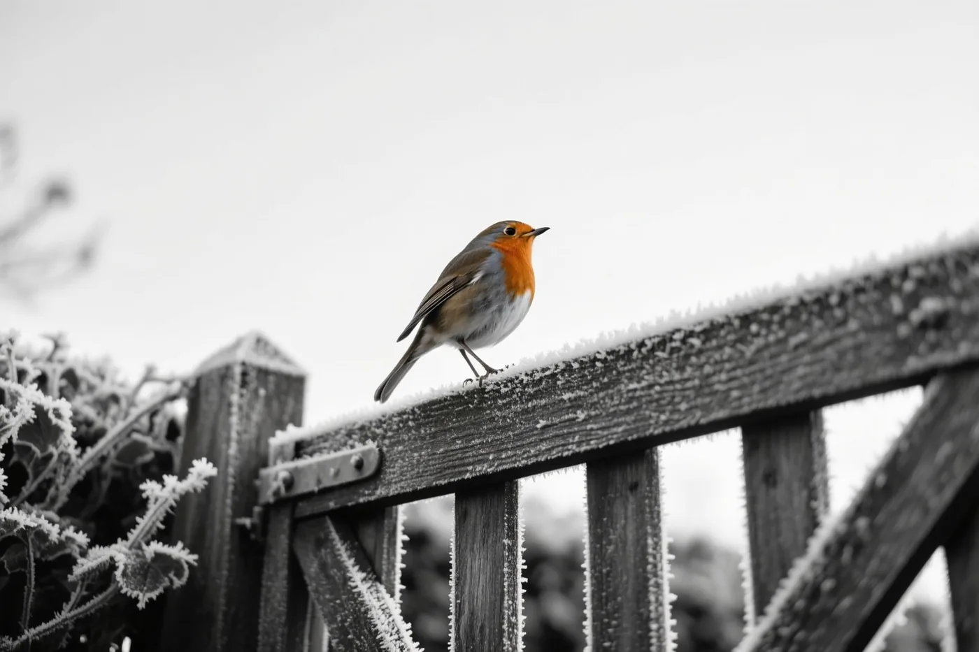 Een roodborstje met een feloranje borst zit op een houten tuinhekje vol rijp tegen een gedempte achtergrond in één kleurtoon.