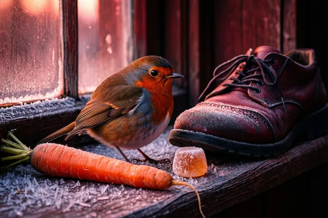Een roodborstje staat op een berijpte vensterbank naast een bruine leren schoen, een wortel en een suikerklontje in warm rood-oranje licht.