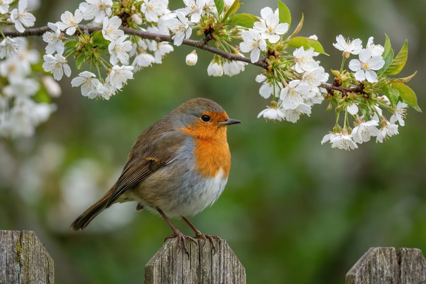Een roodborstje zit op een verweerde houten weidepaal onder een tak met witte kersenbloesems, met onscherp groen op de achtergrond.