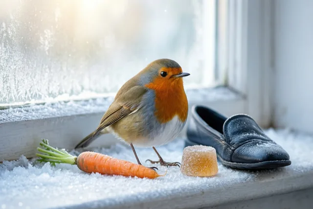 Een roodborstje staat op een besneeuwde vensterbank naast een zwarte schoen, een wortel en een suikerklontje voor een berijpt raam in zacht zonlicht.