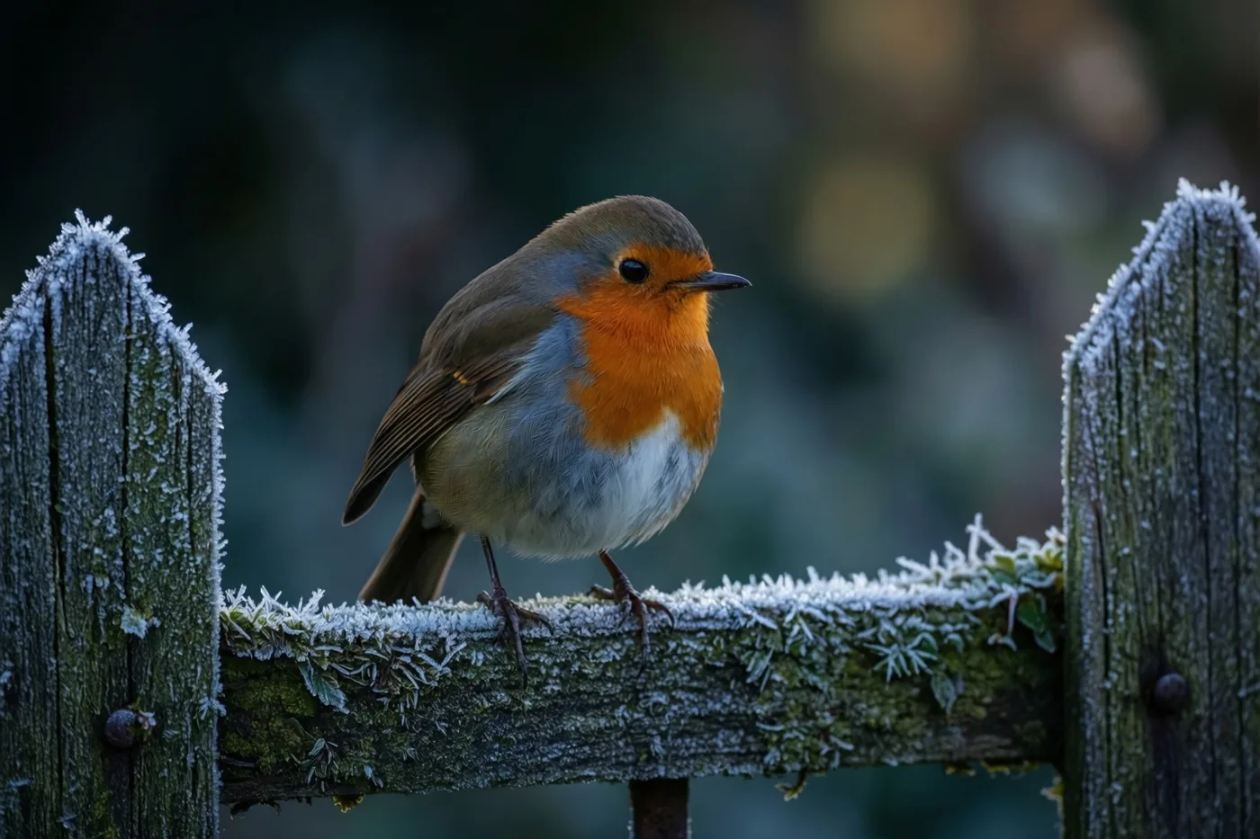Een roodborstje zit op een berijpt houten tuinhek, met oranje en grijze veren tegen een wazige achtergrond in groene en bruine tinten.