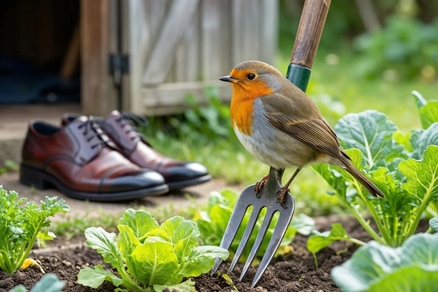Een roodborstje zit op een metalen spitvork tussen groene bladgroenten, met gepoetste bruine leren schoenen bij een houten schuurdeur op de achtergrond.