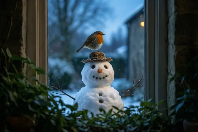Door een raam met groen op de voorgrond is een roodborstje boven op een sneeuwman met een gebreide muts te zien, in blauwe avondtinten en warm binnenlicht.