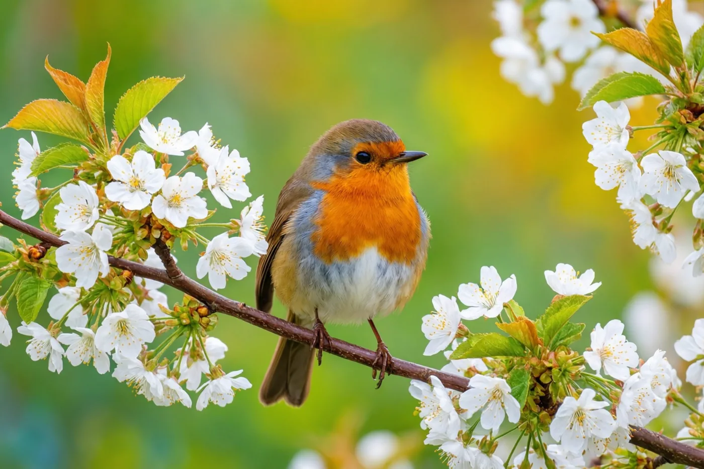 Een roodborstje met een oranje borst zit op een tak met witte bloesems en jonge groene blaadjes, tegen een zacht vervaagde groen-gele achtergrond.