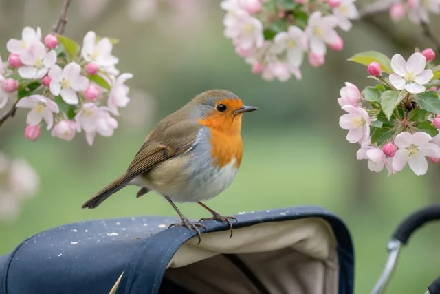 Een roodborstje zit op de kap van een oude kinderwagen, omringd door bloeiende roze en witte bloemen in een tuin.