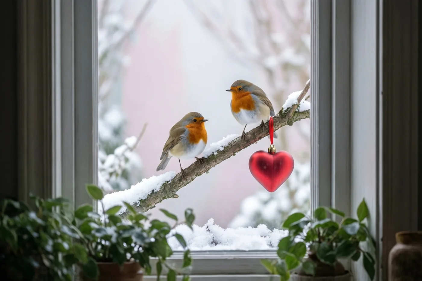 Twee roodborstjes zitten op een besneeuwde tak die vanuit een raam naar buiten steekt, met een rood harthangertje aan de tak en kamerplanten rond het raam.