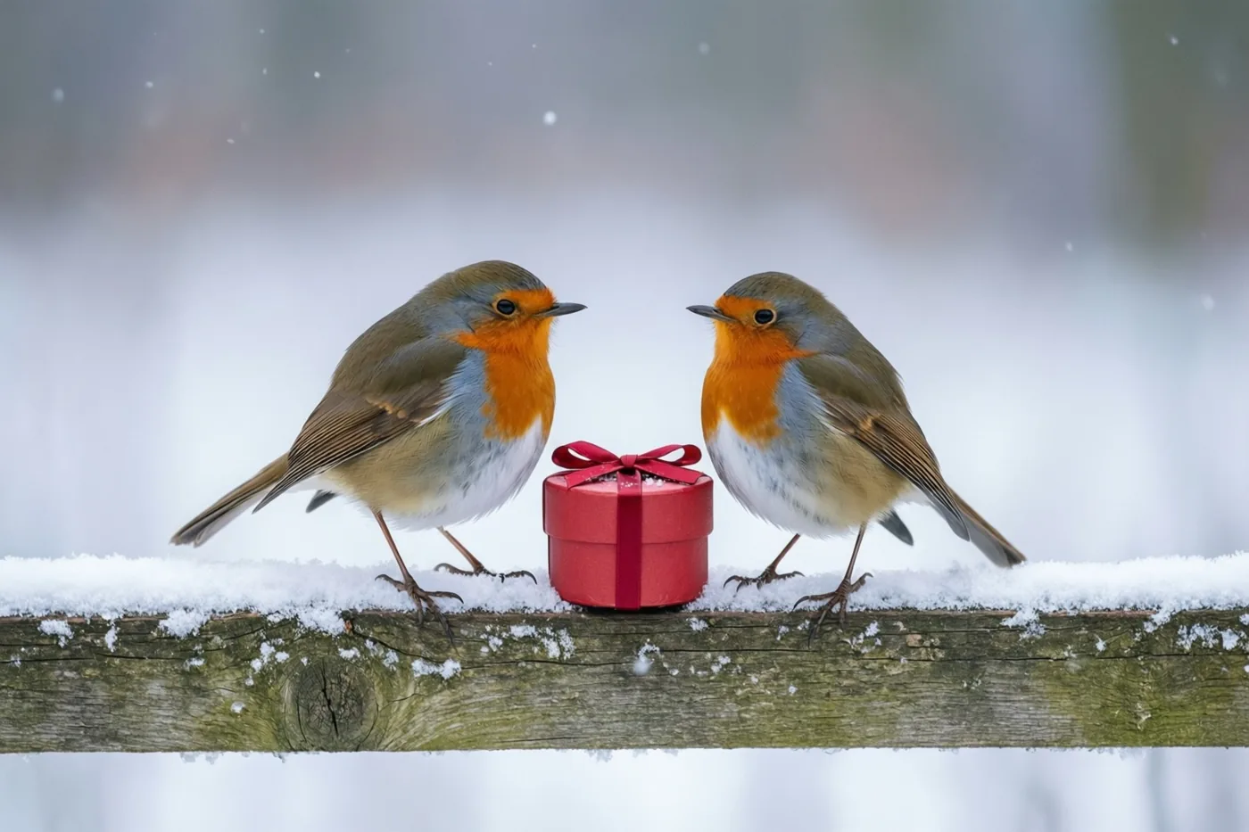 Twee roodborstjes staan tegenover elkaar op een besneeuwd houten hek, met een klein rood geschenkdoosje met een rood lint tussen hen in.