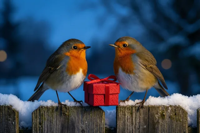 Twee roodborstjes staan tegenover elkaar op een besneeuwd houten hek naast een rood geschenkdoosje met een rood lint, tegen een wazige blauwe winterachtergrond.
