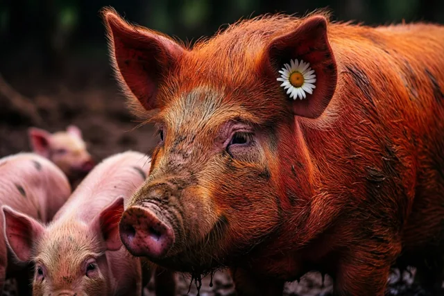 Een modderige roodbruine zeug met een wit madeliefje achter haar oor is van dichtbij te zien tussen kleine biggetjes op een modderige plek buiten.