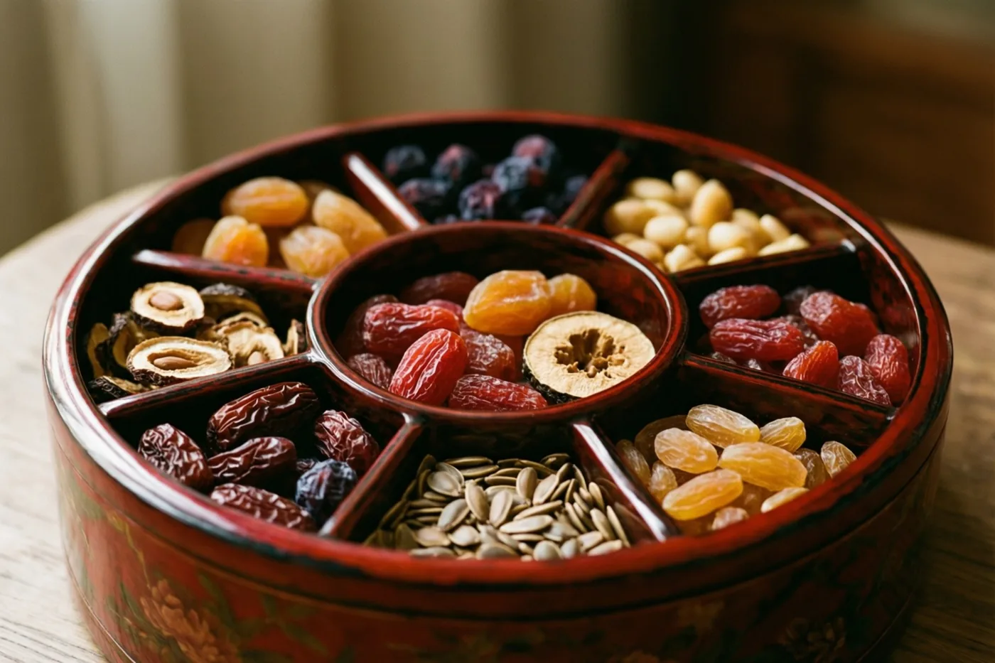 Een ronde roodgelakte doos met vakjes vol gedroogd fruit en zaden staat op een houten oppervlak tegen een zacht wazige achtergrond.