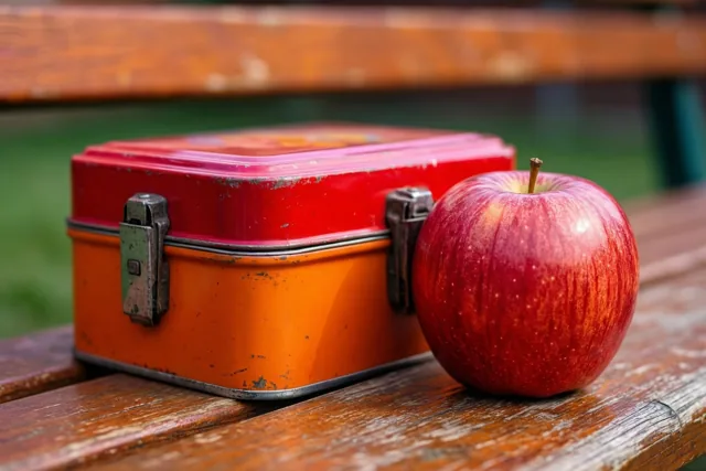 Een oude rode en oranje blikken brooddoos staat naast een glanzende rode appel op een verweerde houten schoolbank in natuurlijk buitenlicht.