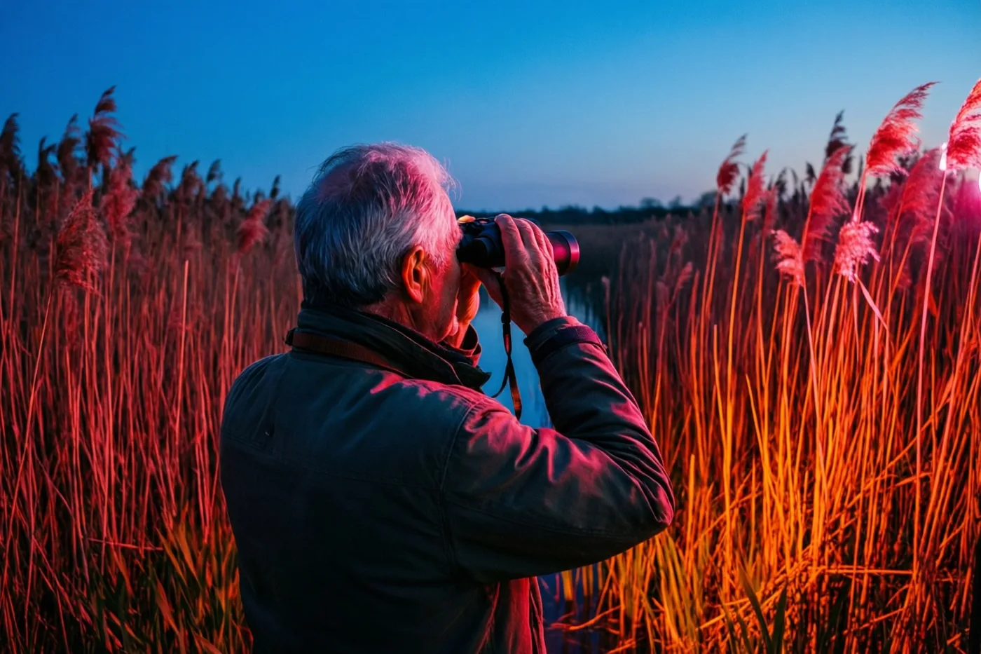 Een oudere man met grijs haar houdt een verrekijker vast en kijkt met zijn rug naar de camera naar een rietmoeras in de schemering, met roodoranje licht op het riet onder een blauwe lucht.
