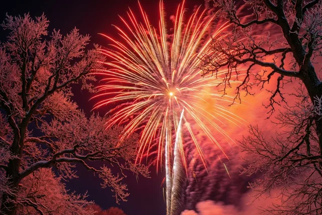 Rood en oranje vuurwerk verlicht de winterse nachthemel tussen donkere, kale eikentakken met een laagje sneeuw.