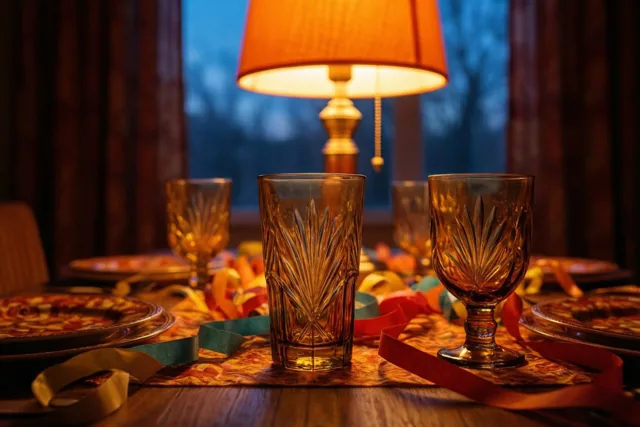 Een warm verlichte feesttafel in jarenzeventigstijl is gedekt met rookglazen, een oranje lamp en kleurrijke slingers in oranje, bruine en rode tinten.
