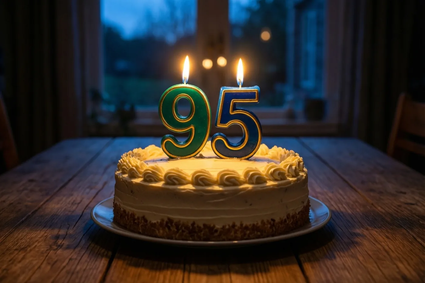 Een huisgemaakte roomtaart met brandende cijferkaarsen die 95 vormen, staat op een houten tafel bij een raam met daarachter een blauwige schemering.