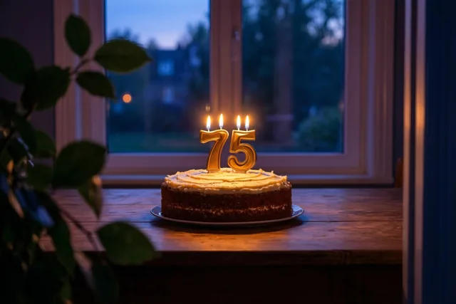 Een zelfgemaakte roomtaart met brandende cijferkaarsen die 75 vormen staat op een houten tafel bij een raam met een schemerblauwe buitenachtergrond.
