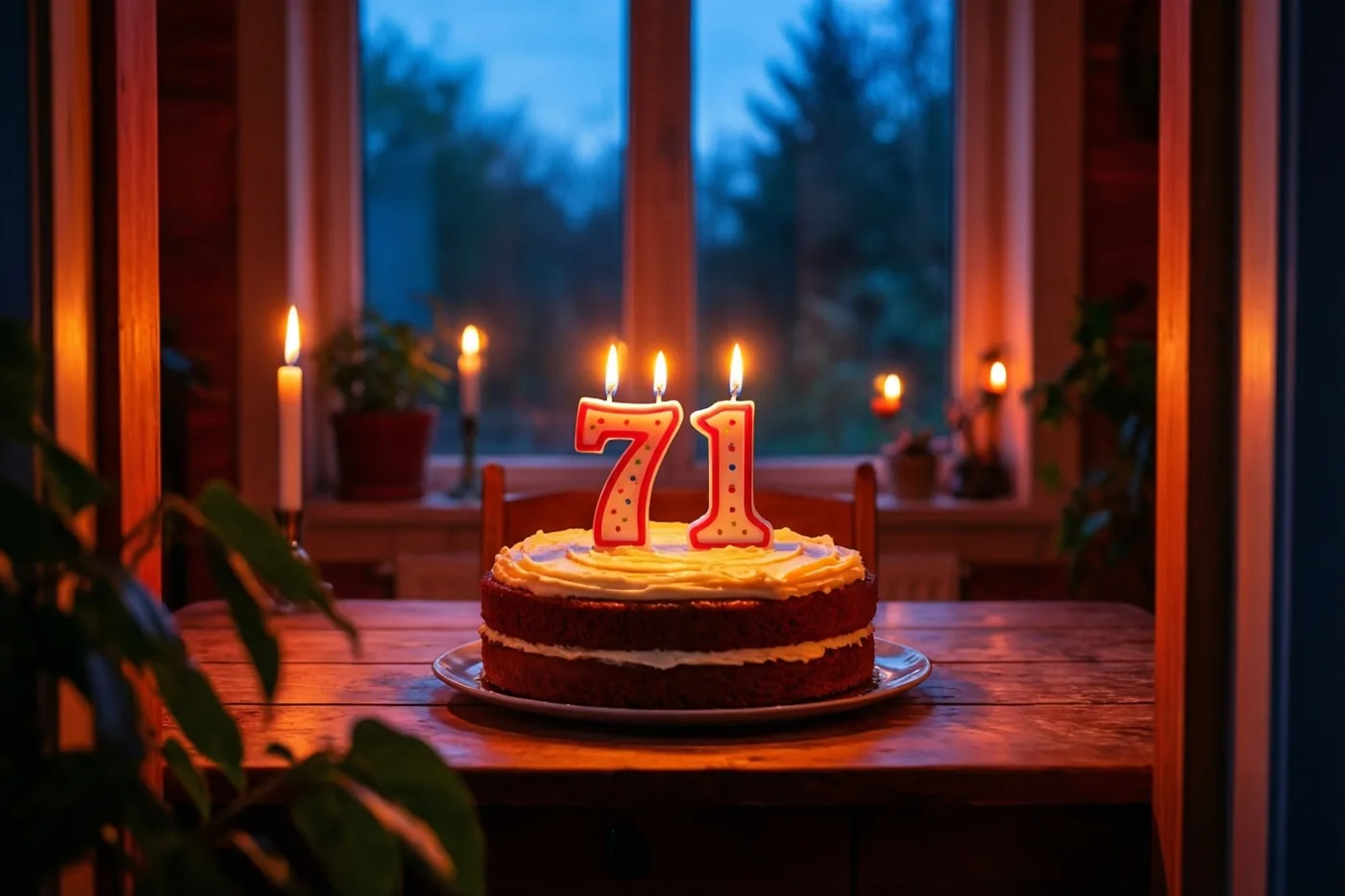Een zelfgemaakte roomtaart met brandende cijferkaarsen 71 staat op een houten tafel bij een raam in de schemering.
