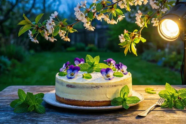 Een roomtaart met gekonfijte viooltjes en verse munt staat op een houten tuintafel onder bloeiende kersentakken, in warm goudkleurig licht met een onscherpe groene tuin op de achtergrond.