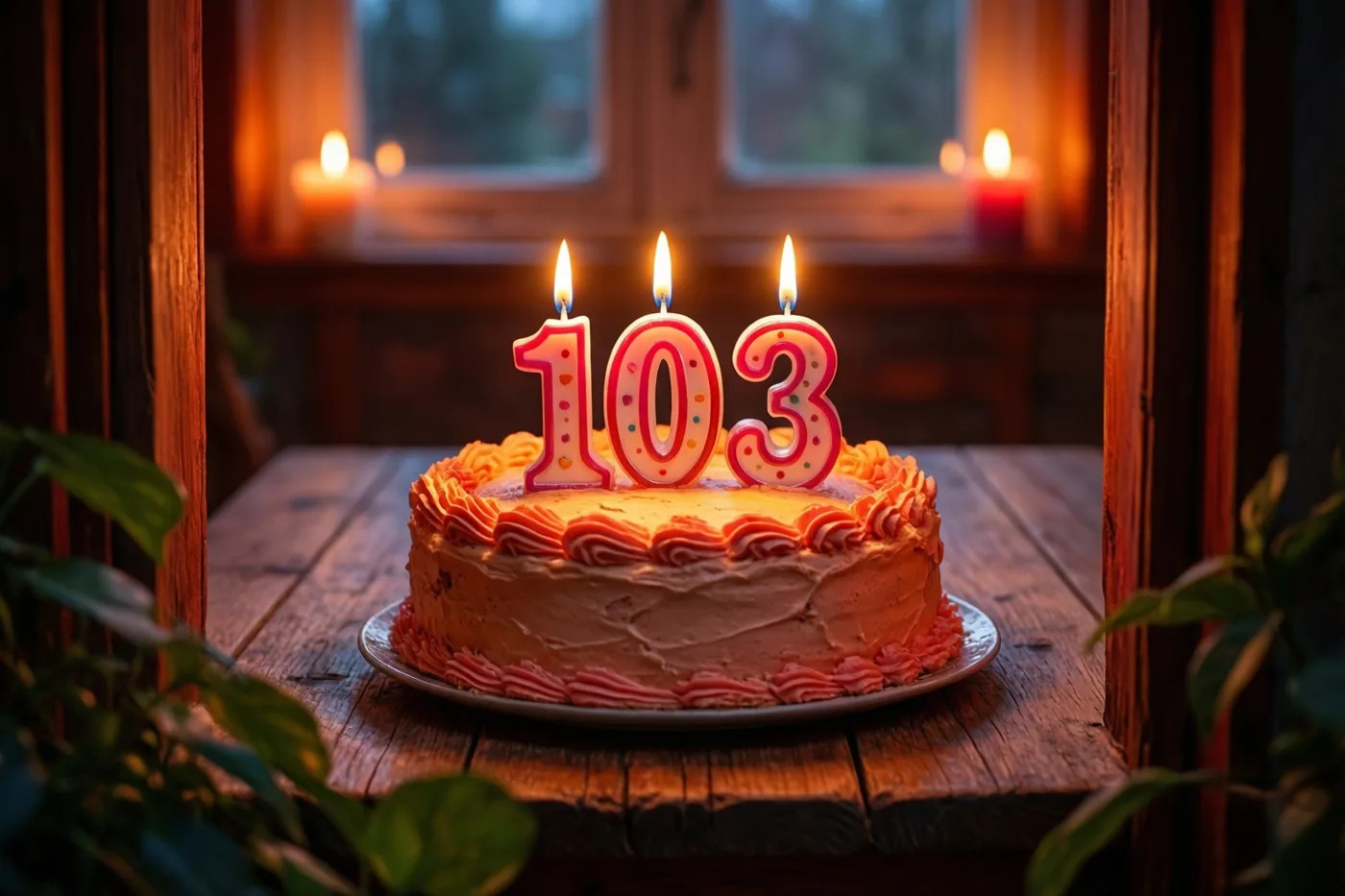 Een zelfgemaakte roomtaart met brandende cijferkaarsjes die 103 vormen staat op een houten tafel in warm kaarslicht.