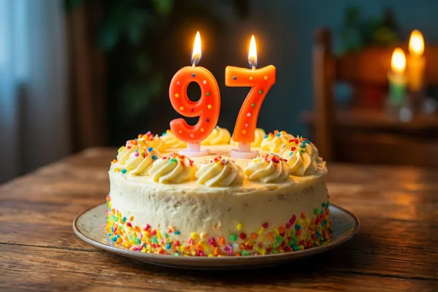 Een ronde roomtaart met gekleurde suikerstrooisels en brandende cijferkaarsen 97 staat op een houten tafel in warm licht.